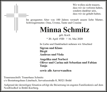 Anzeige von Minna Schmitz von  Schlossbote/Werbekurier 