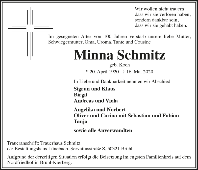  Traueranzeige für Minna Schmitz vom 22.05.2020 aus  Schlossbote/Werbekurier 