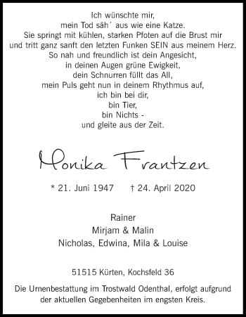Anzeige von Monika Frantzen von Kölner Stadt-Anzeiger / Kölnische Rundschau / Express