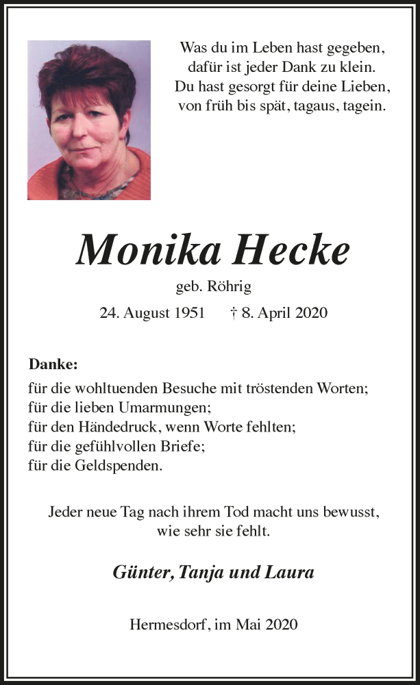  Traueranzeige für Monika Hecke vom 08.05.2020 aus  Lokalanzeiger 