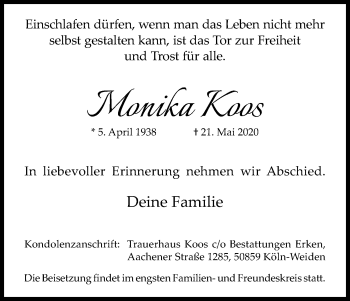 Anzeige von Monika Koos von Kölner Stadt-Anzeiger / Kölnische Rundschau / Express