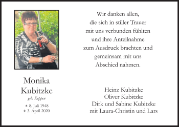 Anzeige von Monika Kubitzke von Kölner Stadt-Anzeiger / Kölnische Rundschau / Express