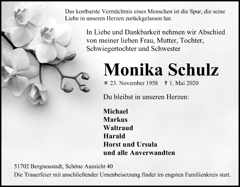  Traueranzeige für Monika Schulz vom 05.05.2020 aus Kölner Stadt-Anzeiger / Kölnische Rundschau / Express