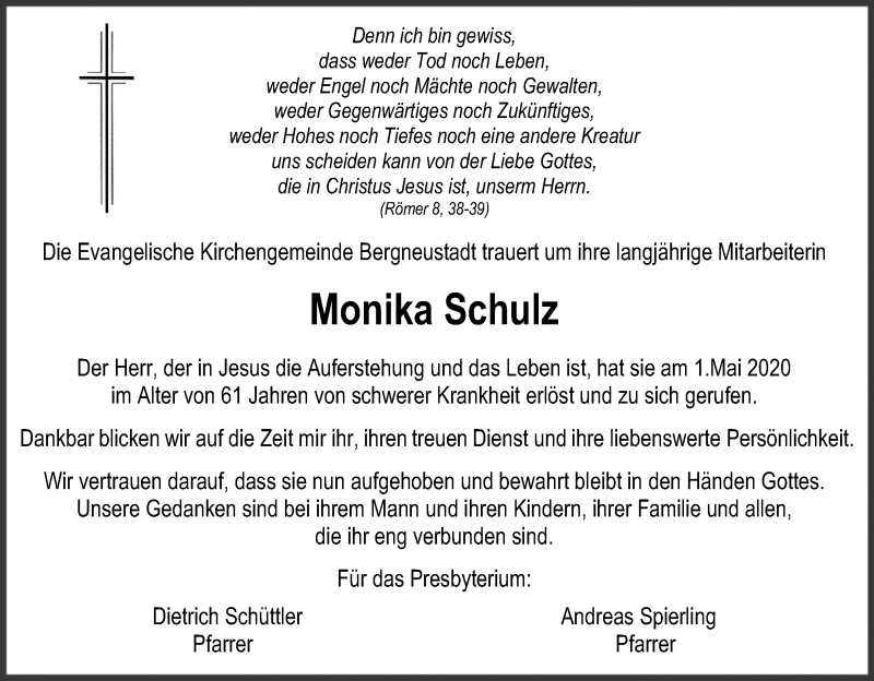  Traueranzeige für Monika Schulz vom 06.05.2020 aus Kölner Stadt-Anzeiger / Kölnische Rundschau / Express