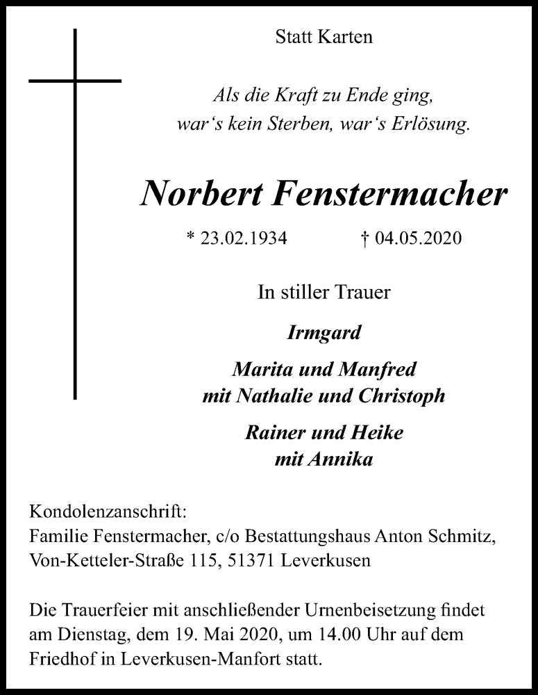  Traueranzeige für Norbert Fenstermacher vom 16.05.2020 aus Kölner Stadt-Anzeiger / Kölnische Rundschau / Express