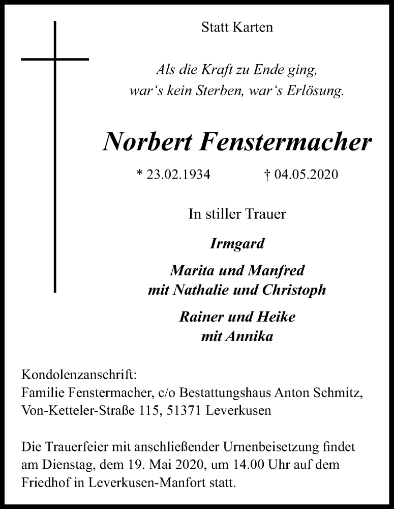  Traueranzeige für Norbert Fenstermacher vom 19.05.2020 aus Kölner Stadt-Anzeiger / Kölnische Rundschau / Express
