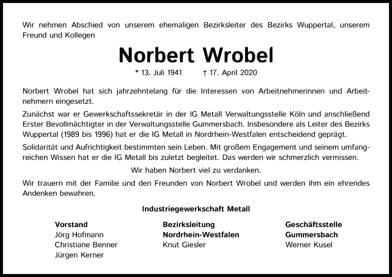  Traueranzeige für Norbert Wrobel vom 06.05.2020 aus Kölner Stadt-Anzeiger / Kölnische Rundschau / Express