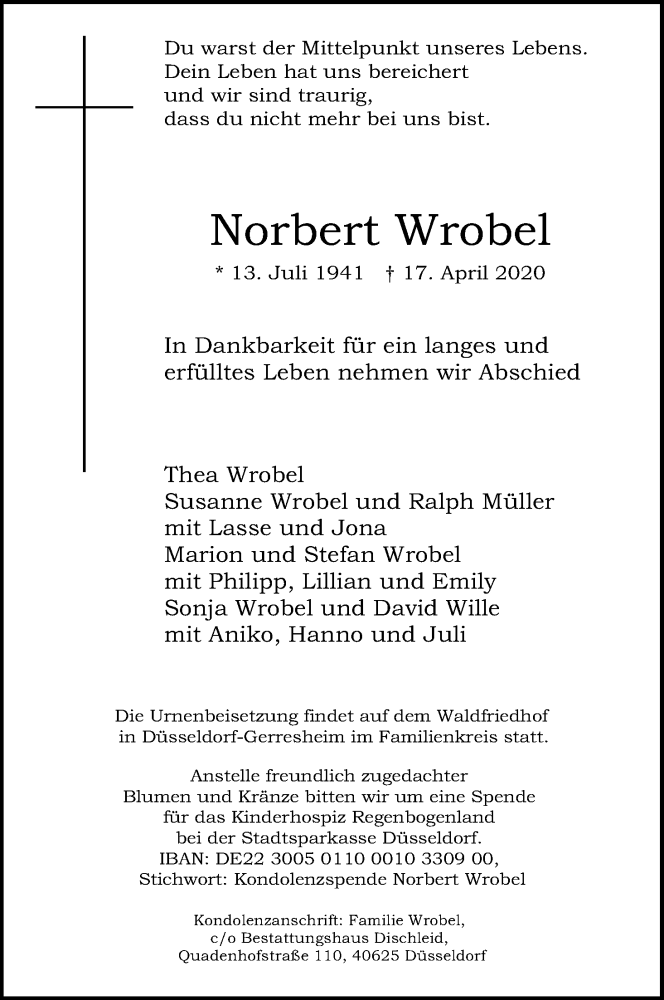  Traueranzeige für Norbert Wrobel vom 06.05.2020 aus Kölner Stadt-Anzeiger / Kölnische Rundschau / Express