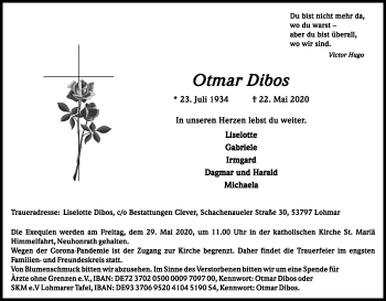 Anzeige von Otmar Dibos von Kölner Stadt-Anzeiger / Kölnische Rundschau / Express