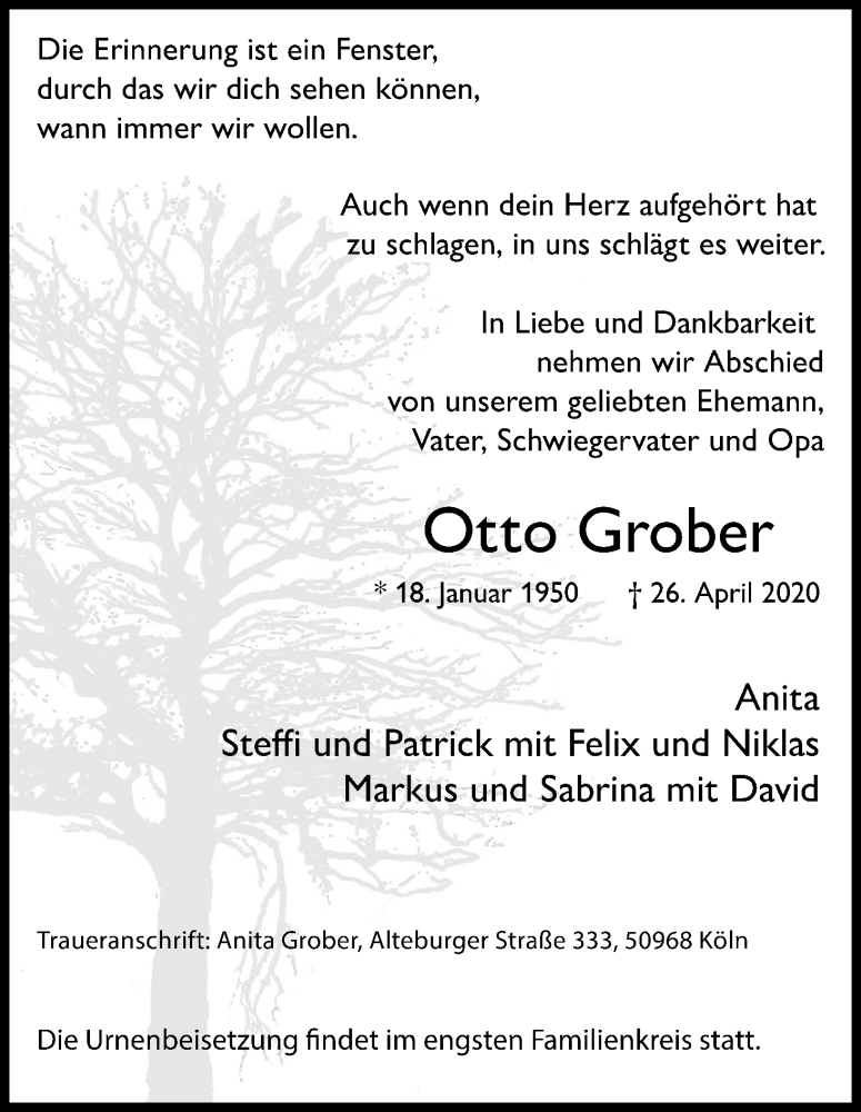  Traueranzeige für Otto Grober vom 02.05.2020 aus Kölner Stadt-Anzeiger / Kölnische Rundschau / Express