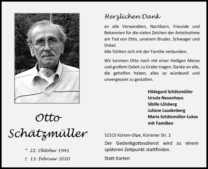  Traueranzeige für Otto Schätzmüller vom 30.05.2020 aus Kölner Stadt-Anzeiger / Kölnische Rundschau / Express