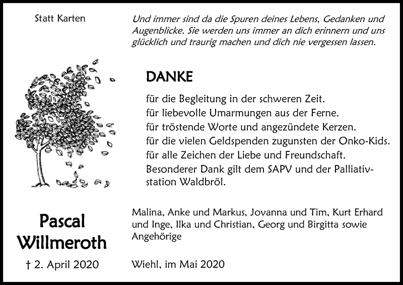  Traueranzeige für Pascal Willmeroth vom 16.05.2020 aus Kölner Stadt-Anzeiger / Kölnische Rundschau / Express
