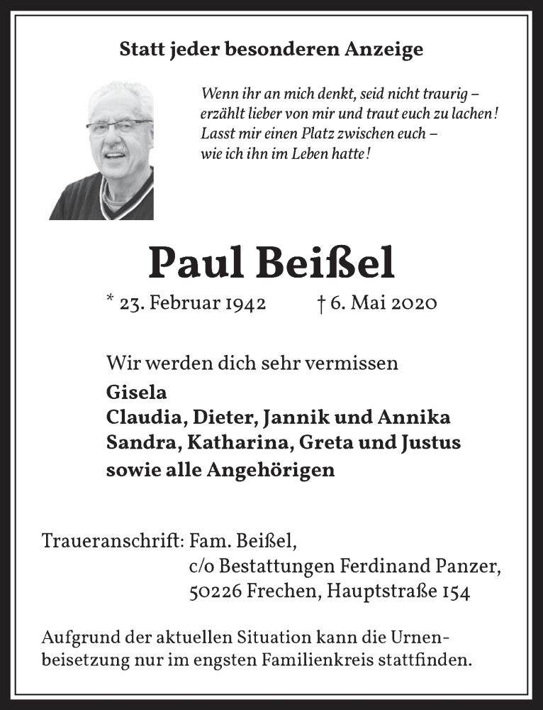  Traueranzeige für Paul Beißel vom 15.05.2020 aus  Wochenende 