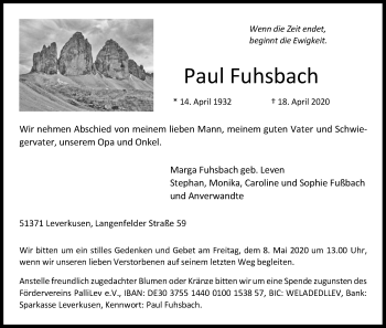 Anzeige von Paul Fuhsbach von Kölner Stadt-Anzeiger / Kölnische Rundschau / Express