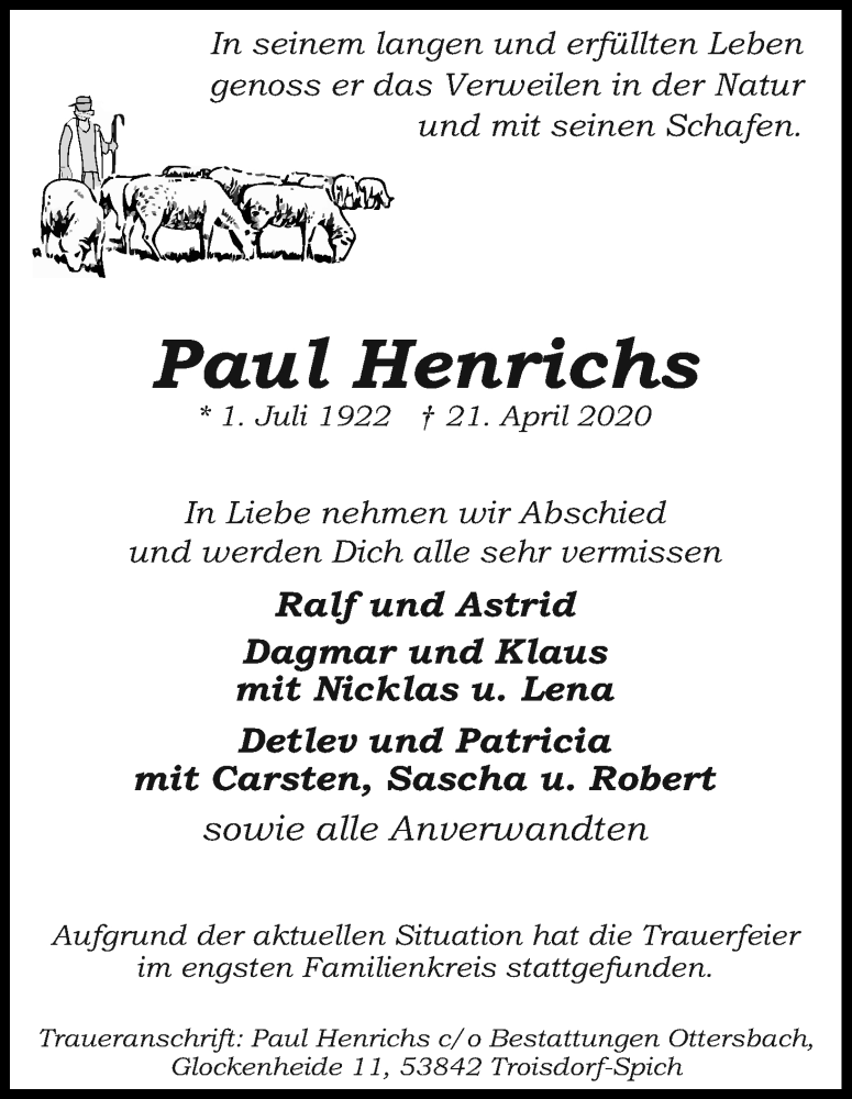  Traueranzeige für Paul Henrichs vom 02.05.2020 aus Kölner Stadt-Anzeiger / Kölnische Rundschau / Express