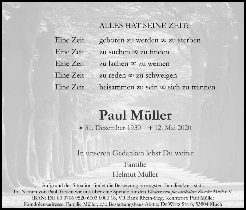  Traueranzeige für Paul Müller vom 23.05.2020 aus Kölner Stadt-Anzeiger / Kölnische Rundschau / Express