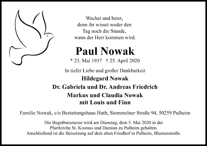  Traueranzeige für Paul Nowak vom 02.05.2020 aus Kölner Stadt-Anzeiger / Kölnische Rundschau / Express