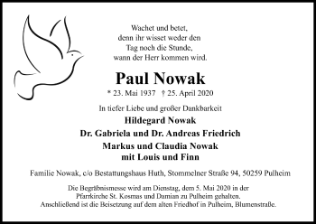 Anzeige von Paul Nowak von Kölner Stadt-Anzeiger / Kölnische Rundschau / Express