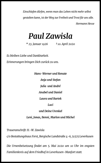Anzeige von Paul Zawisla von Kölner Stadt-Anzeiger / Kölnische Rundschau / Express