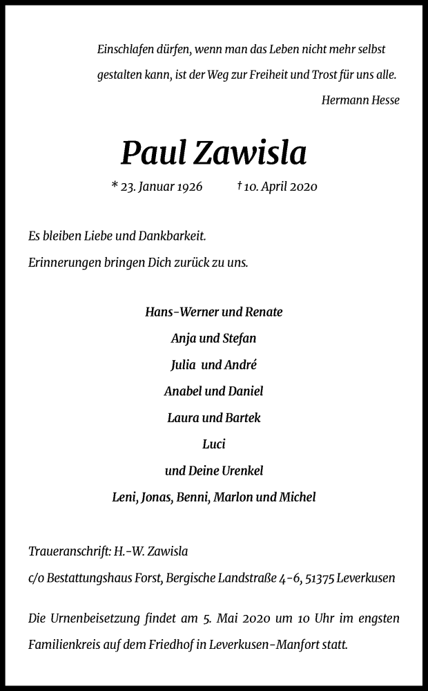  Traueranzeige für Paul Zawisla vom 02.05.2020 aus Kölner Stadt-Anzeiger / Kölnische Rundschau / Express