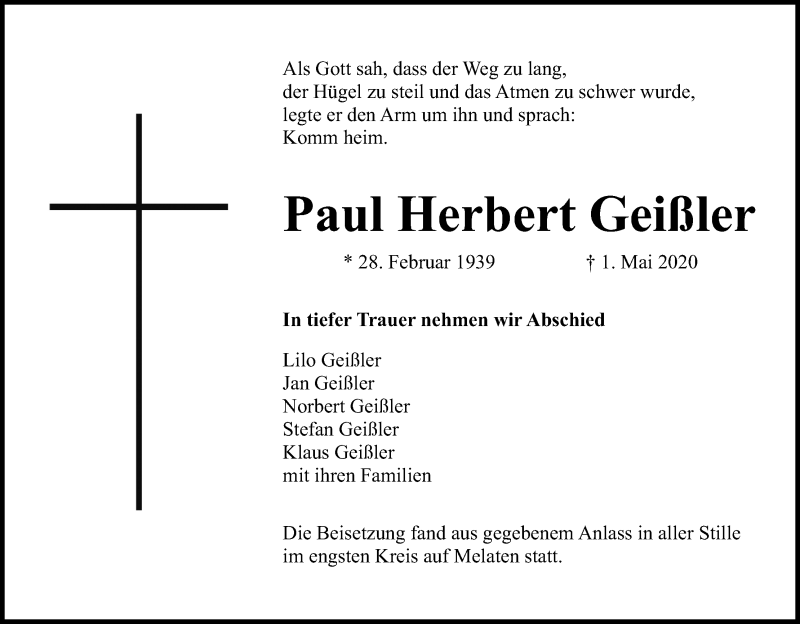  Traueranzeige für Paul Herbert Geißler vom 23.05.2020 aus Kölner Stadt-Anzeiger / Kölnische Rundschau / Express