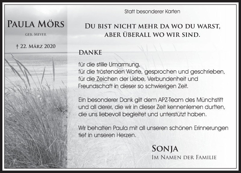  Traueranzeige für Paula Mörs vom 15.05.2020 aus  Werbepost 