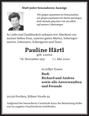 Anzeige von Pauline Härtl von  Wochenende 
