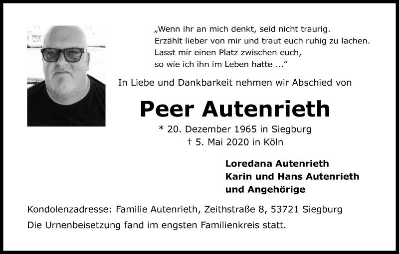  Traueranzeige für Peer Autenrieth vom 30.05.2020 aus Kölner Stadt-Anzeiger / Kölnische Rundschau / Express