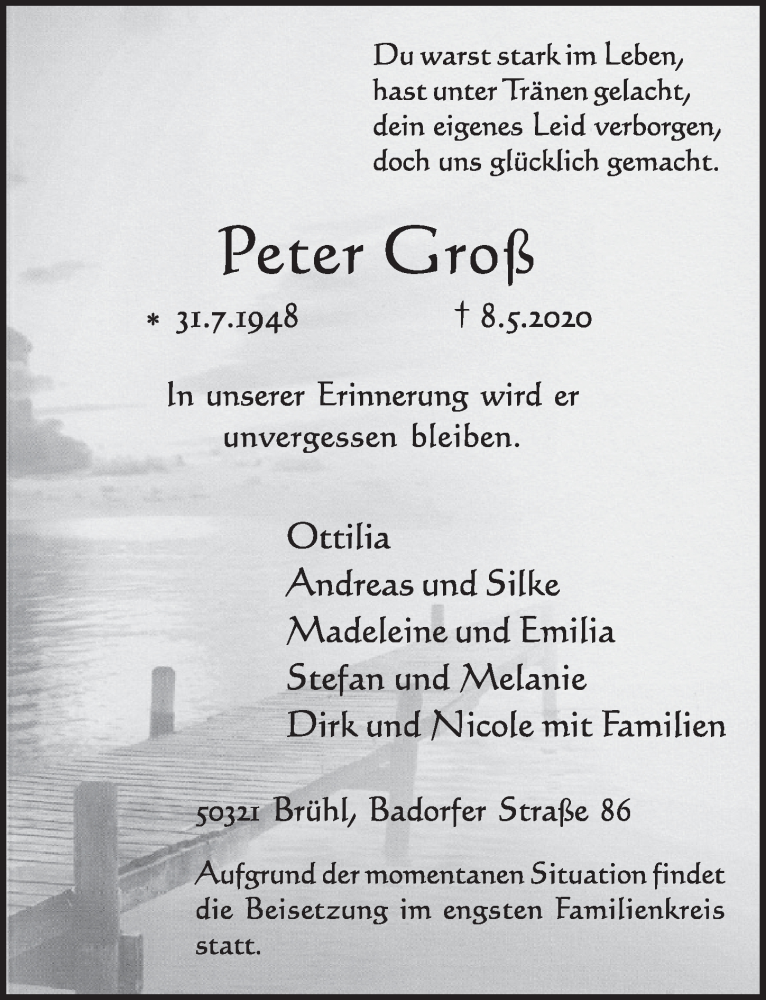  Traueranzeige für Peter Groß vom 15.05.2020 aus  Schlossbote/Werbekurier 