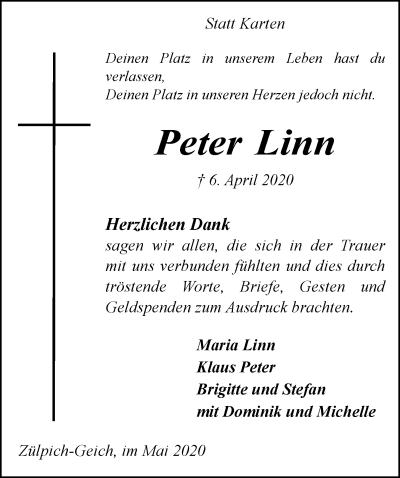  Traueranzeige für Peter Linn vom 16.05.2020 aus  Blickpunkt Euskirchen 