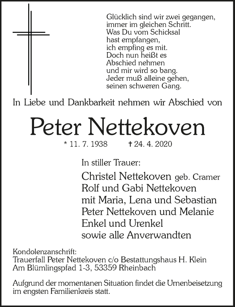  Traueranzeige für Peter Nettekoven vom 08.05.2020 aus  Schaufenster/Blickpunkt 