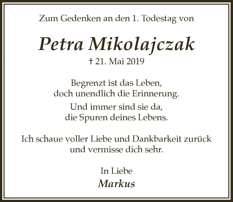  Traueranzeige für Petra Mikolajczak vom 15.05.2020 aus  Extra Blatt 