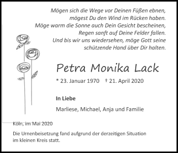 Anzeige von Petra Monika Lack von Kölner Stadt-Anzeiger / Kölnische Rundschau / Express