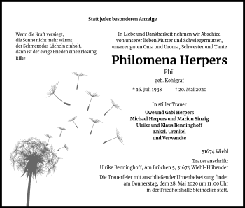 Anzeige von Philomena Herpers von Kölner Stadt-Anzeiger / Kölnische Rundschau / Express