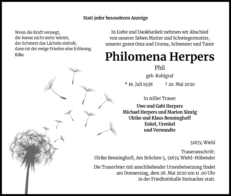  Traueranzeige für Philomena Herpers vom 23.05.2020 aus Kölner Stadt-Anzeiger / Kölnische Rundschau / Express