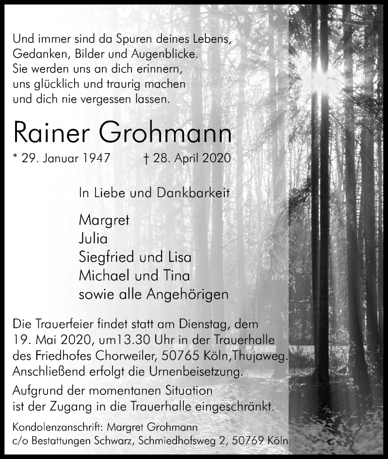  Traueranzeige für Rainer Grohmann vom 16.05.2020 aus Kölner Stadt-Anzeiger / Kölnische Rundschau / Express