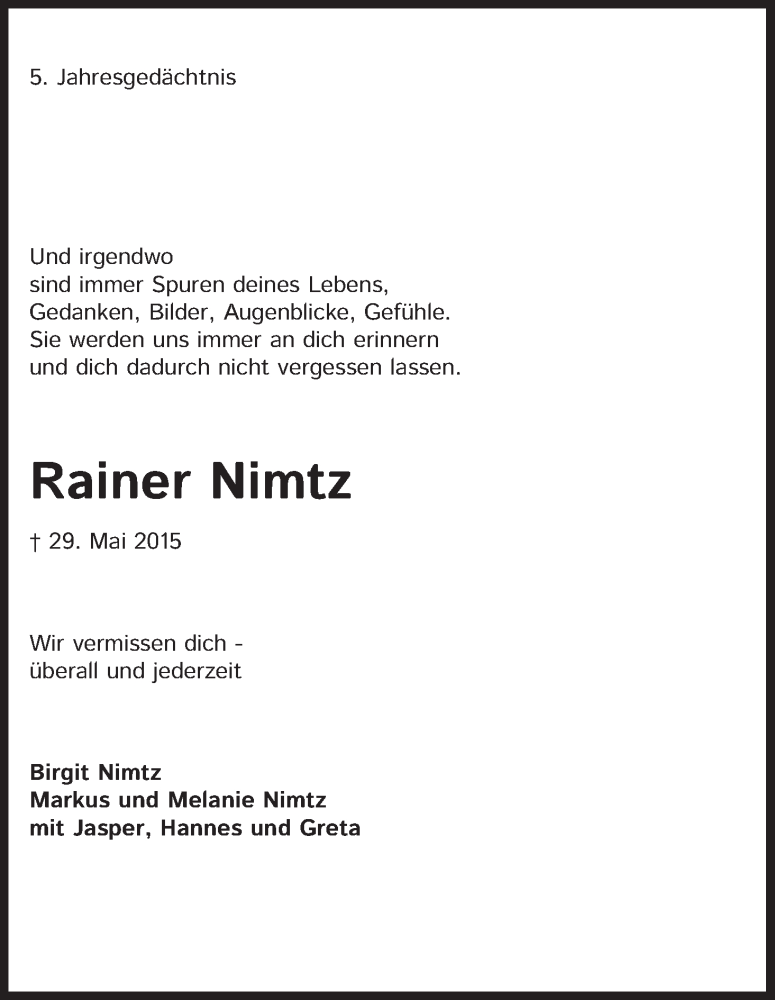  Traueranzeige für Rainer Nimtz vom 30.05.2020 aus Kölner Stadt-Anzeiger / Kölnische Rundschau / Express