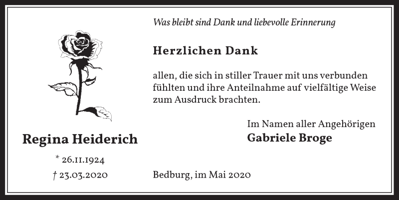  Traueranzeige für Regina Heiderich vom 15.05.2020 aus  Werbepost 