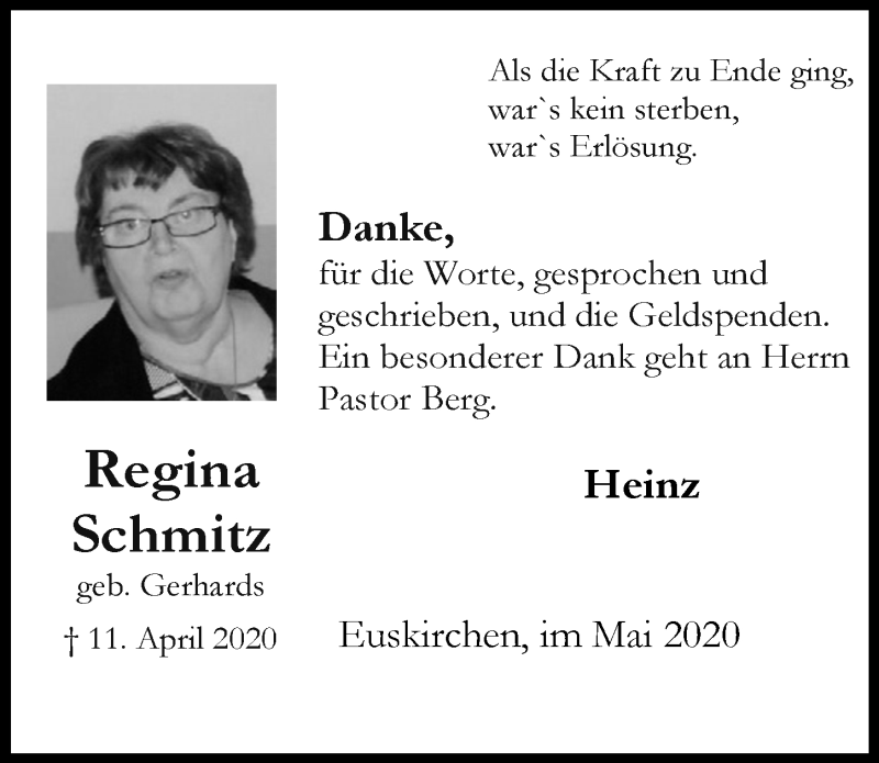  Traueranzeige für Regina Schmitz vom 16.05.2020 aus  Blickpunkt Euskirchen 
