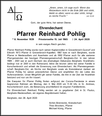 Anzeige von Reinhard Pohlig von Kölner Stadt-Anzeiger / Kölnische Rundschau / Express