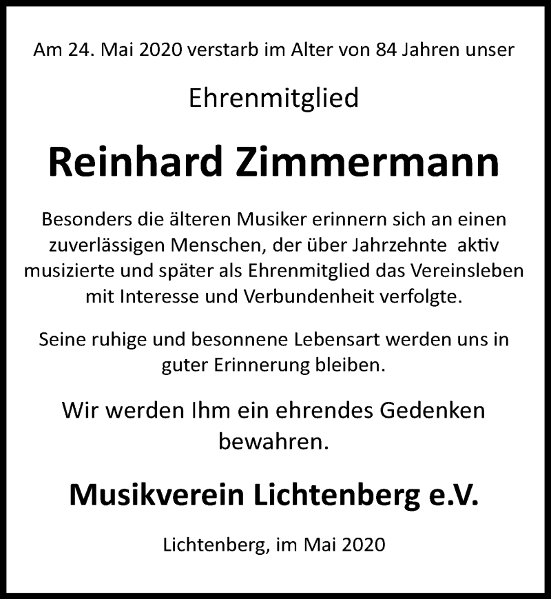  Traueranzeige für Reinhard Zimmermann vom 29.05.2020 aus  Lokalanzeiger 