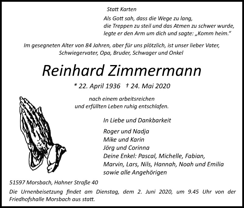  Traueranzeige für Reinhard Zimmermann vom 30.05.2020 aus Kölner Stadt-Anzeiger / Kölnische Rundschau / Express