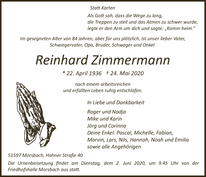  Traueranzeige für Reinhard Zimmermann vom 29.05.2020 aus  Lokalanzeiger 