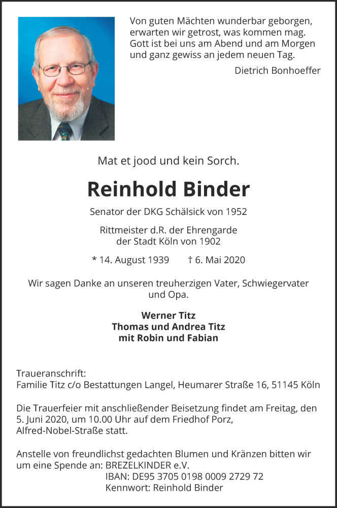  Traueranzeige für Reinhold Binder vom 29.05.2020 aus  Kölner Wochenspiegel 