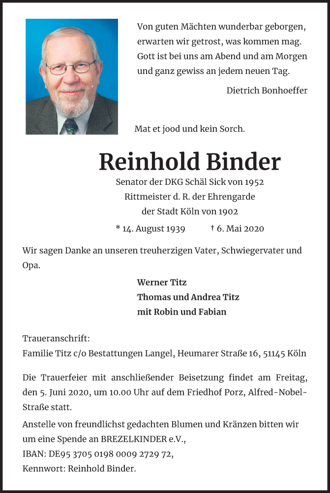  Traueranzeige für Reinhold Binder vom 30.05.2020 aus Kölner Stadt-Anzeiger / Kölnische Rundschau / Express