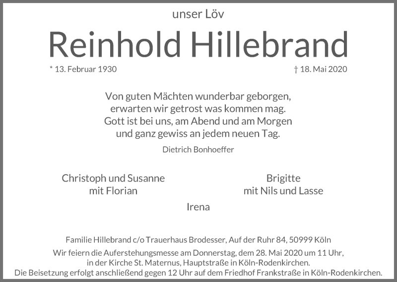  Traueranzeige für Reinhold Hillebrand vom 23.05.2020 aus Kölner Stadt-Anzeiger / Kölnische Rundschau / Express
