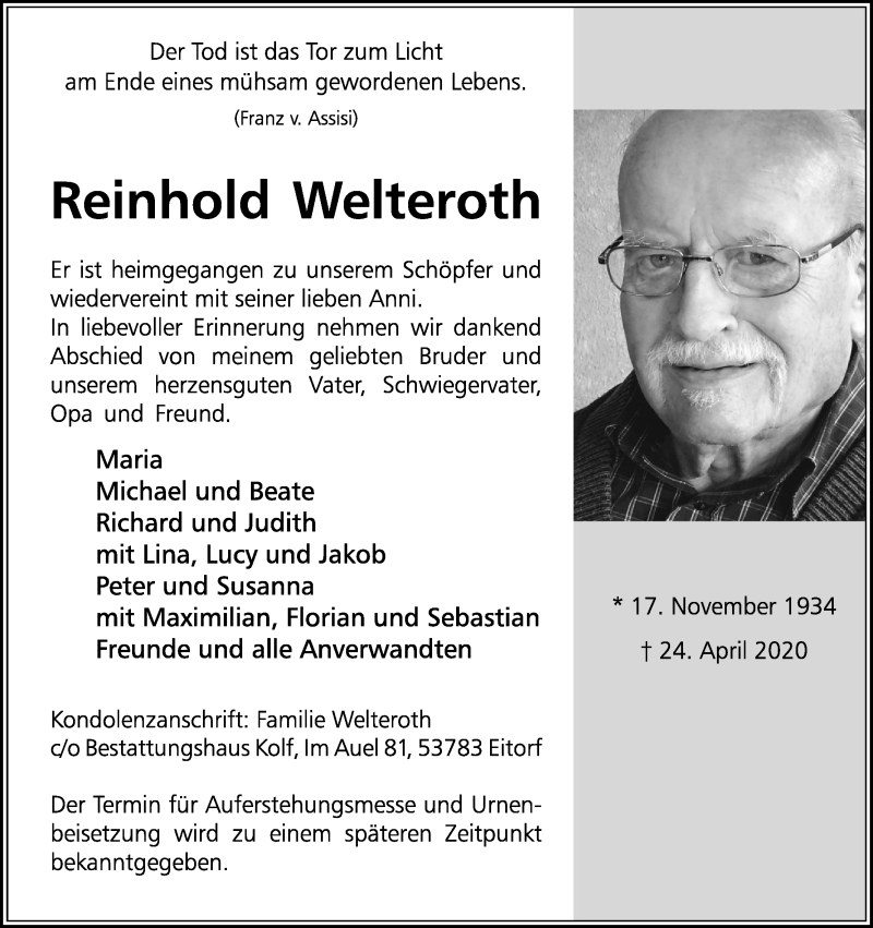  Traueranzeige für Reinhold Welteroth vom 02.05.2020 aus Kölner Stadt-Anzeiger / Kölnische Rundschau / Express