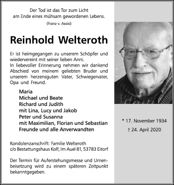 Anzeige von Reinhold Welteroth von Kölner Stadt-Anzeiger / Kölnische Rundschau / Express