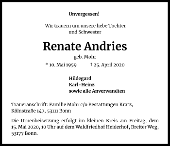 Anzeige von Renate Andries von Kölner Stadt-Anzeiger / Kölnische Rundschau / Express