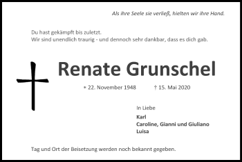 Anzeige von Renate Grunschel von Kölner Stadt-Anzeiger / Kölnische Rundschau / Express